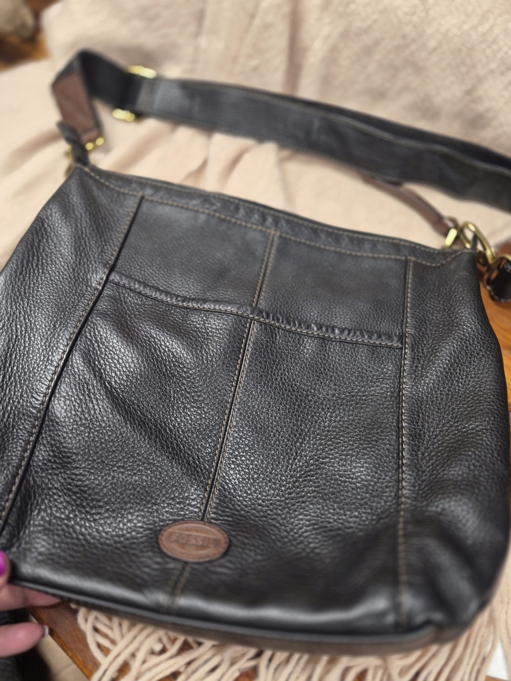 Fossil Black Pebbled Leather Crossbody Bag with Brown Accents